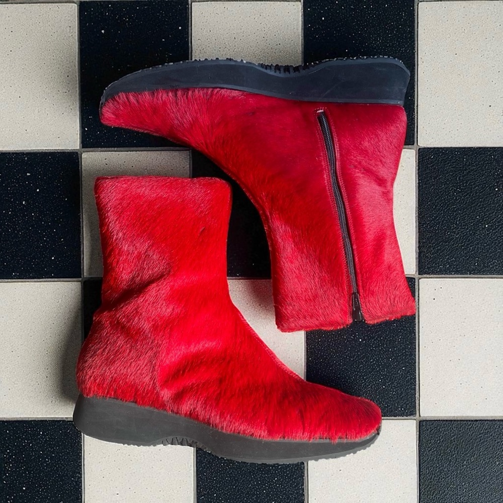 Aquatalia Italian Bright Red Pony Fur Comfy Flat Mid Calf Boots